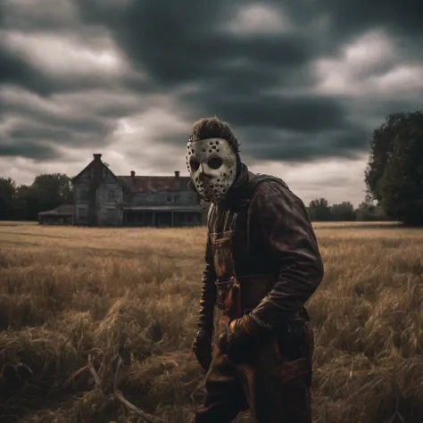 Leather face standing in the field，Chainsaw staring at the camera in the background A very old big house dramatic sky depth field 1.5 Ultra-realistic details 8K intricate high resolution Highly realistic details sharp focus Large definition horror movie sc...