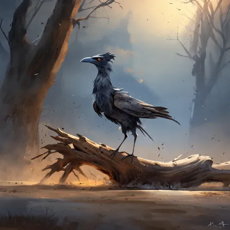 Two crows on a dead tree, A shadow shaped like a walker, Starry night, Thick fog on the ground, Blue light on the horizon, Unreal Engine 5, Cinematic, low angle photography, Motion blur, Depth of field, Dust, Cobblestones and dirt. Splash Art, dripping pai...