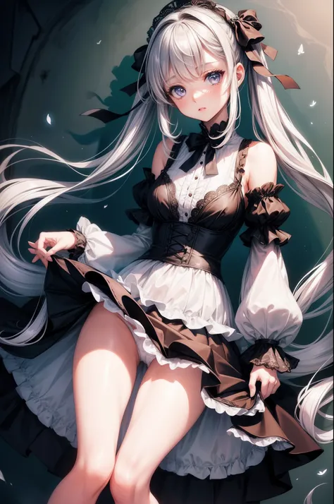 (masterpiece), (best quality), (illustration),1girl, solo, ((an extremely delicate and beautiful)), ((little girl)) , cute, expressionless, beautiful detailed eyes,grey eyes, silver hair, short twintails, large breast,((very_long_hair)), {{Gothic_Lolita}},...