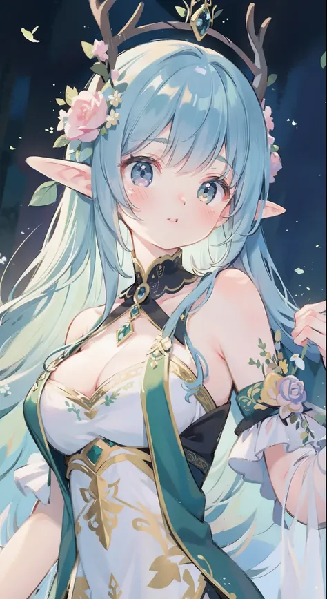 high high quality，tmasterpiece，Delicate facial features，Delicate hair，Delicate eyes，Delicate hair，animemanga girl，deer antlers，Black color hair，florals, Dreamy style, Fantastic flower garden，fantasy style clothing,Romantic dress,  beautiful and elegant elf...