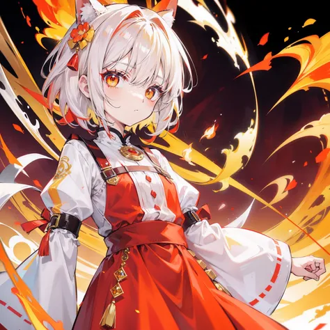 The short white hair has a slight reddish tinge，The head is decorated with a yellow bow，Crimson pupils，Red, orange and yellow clothes，Is a cute loli，White flame background