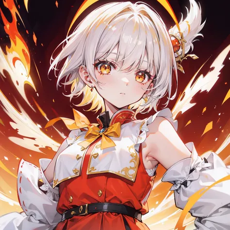 The short white hair has a slight reddish tinge，The head is decorated with a yellow bow，Crimson pupils，Red, orange and yellow clothes，Is a cute loli，White flame background