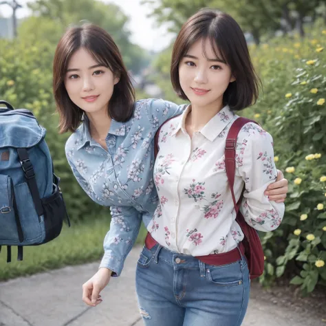 (8K、top-quality、​masterpiece:1.2)、(realisitic、Photorealsitic:1.37)、ultra-detailliert、((Beautuful Women))、((jeans - wear jeans))、((Long sleeve shirt with floral pattern))、hiking、((breast))、((black-short-hair))、plateau、((A slight smil))、((Walking))、((Carryin...