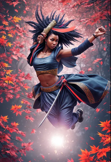 African woman dressed in African design samurai clothes, with curly blue hair with a sword jumping in air, fighting pose in mid air slashing falling red leaves with a sword, with iridescent light, highly detailed images, vibrant beautiful colours, photorea...