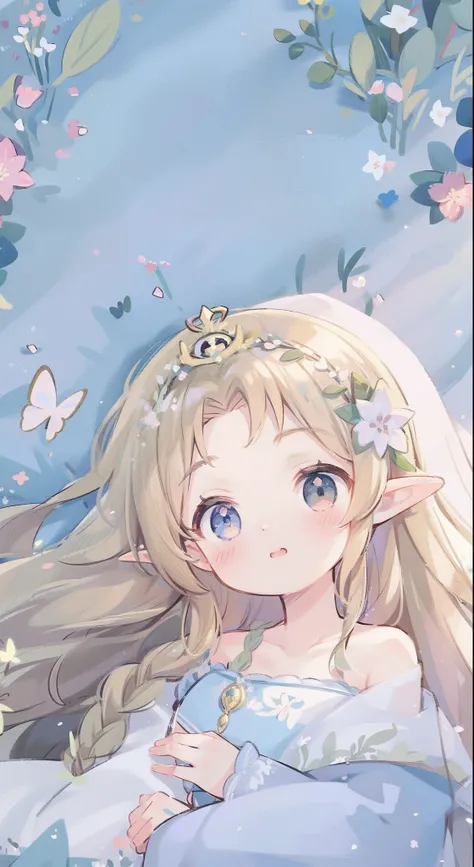 high high quality，tmasterpiece，Delicate facial features，Delicate hair，Delicate eyes，Delicate hair，animemanga girl，deer antlers，Black color hair，florals, Dreamy style, Fantastic flower garden，fantasy style clothing,Romantic dress,  beautiful and elegant elf...