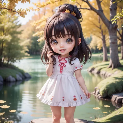 Cute Baby Chibi Anime,Super masterpiece, top-quality, Ultra-detailed, girl1、（（（Chibi）））、A dark-haired、fashion modell、Hard rocker style、Open your mouth and smile、Looking at the camera、Fulll body Shot、Forests and lakes in the magical land of autumn fairy tal...