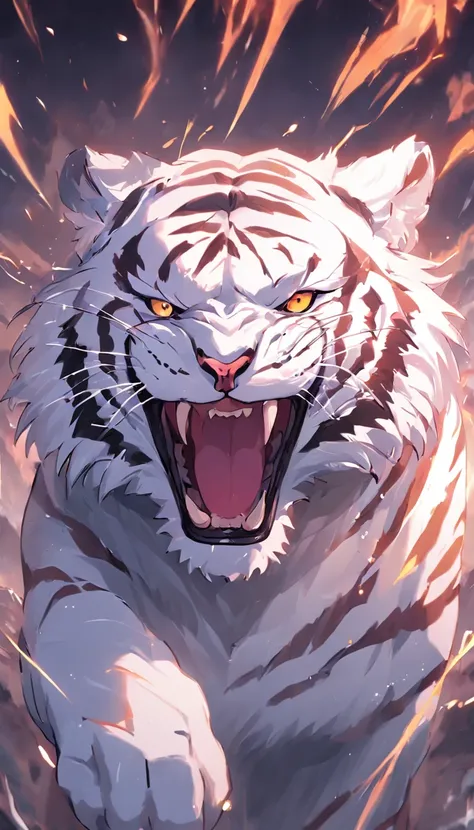 Draw a giant white tiger，Domineering，Clear tiger claws，​​clouds，Sideburns，ultra-clear，The eye，teeth，Vivid image