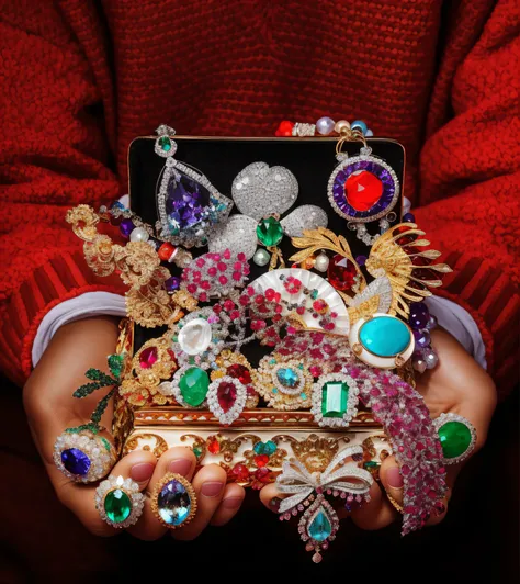 The Araffed woman held a box，There is a bunch of jewelry inside, encrusted with jewels, covered in jewels, bejewelled and encrusted royalty, Jewelry-covered books, flashy jewels, detailed jewellery, Exquisite and gorgeous jewelry, Decorated with precious s...