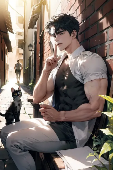 masterpiece, best quality, 1 male, handsome, tall muscular guy, very short hair, best ratio four finger and one thumb, best light and shadow, background is back alley, detasiled sunlight, sitting, Little cats are gathered next to him, dappled sunlight, day...