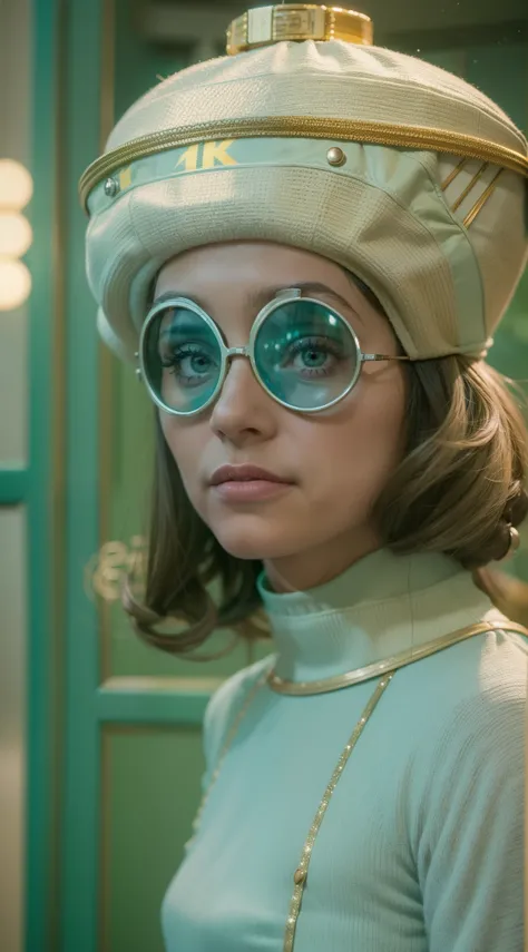 8k portrait of a 1960s science fiction film by Wes Anderson, em 1960, pastels colors, There are people wearing weird futuristic masks and wearing extravagant retro fashion outfits and men and women wearing alien makeup and old ornaments with mechanical pet...