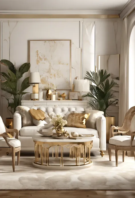 there is a living room with a couch, chair, and a table, furniture and decor, Lots of décor and furniture, cozy arm chairs, cream - colored room, Festive atmosphere, wood and gold details, white furniture, cream and white color scheme, white and gold color...