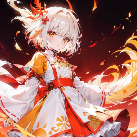 with short white hair，Slightly reddish tinge，The head is decorated with a yellow bow，Crimson pupils，Red, Orange and yellow clothes，Its a cute loli，White flame burning background，She will use white flames