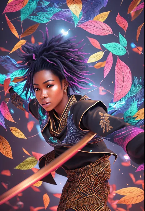 African woman dressed in African design samurai clothes, with curly blue hair with a sword jumping in air, fighting pose in mid air slashing falling red leaves with a sword, with iridescent light, highly detailed images, vibrant beautiful colours, photorea...