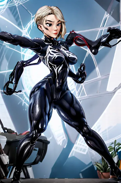 tmasterpiece,best qualityer,A high resolution,1人(femele),SH1,SpiderGwen,blond with short hair,mitts,full-body tights(Black),There is only one pattern(There is a white one on the chest&Large spider pattern),putting makeup on,standing on your feet,cow boy sh...