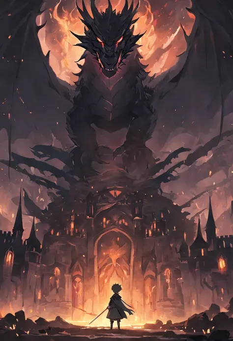 The kingdom is shrouded in darkness，Adrian, the young prince on the castle tower, stood in front of the black dragon，Facing the malicious gaze of the black dragon。The exterior of the castle shows darkness and heaviness。