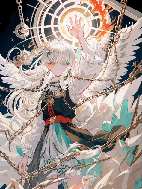 masutepiece, Best Quality, Super delicate, anime illustrated, God beautifully々Or, 1 girl in, Silver white hair color, Heterochromia eyes, Angel and sage, Fancy chains and flames background,