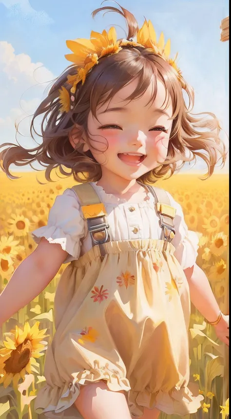 There was a little girl standing in a wheat field, lovely digital painting, Cute detailed digital art, adorable digital art, Guviz-style artwork, cute detailed artwork, childrens art in artstation, beautiful sunflower anime girl, Happy girl, expressing joy...