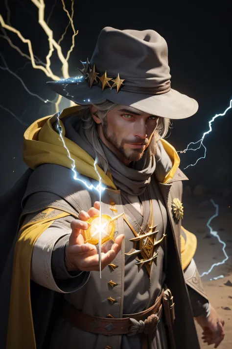 Create realistic character who is a wizard with hat and gray robes, olhos azuis brilhantes, holding a yellow lightning bolt in his hands