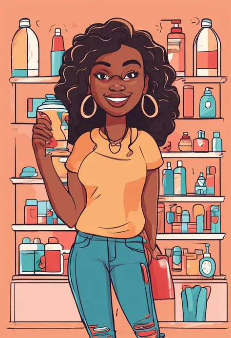 there is a black woman with curly and short hair, brazilian ethnicity, brunette latina, brazilian, cartoon of a woman, everyday clothes, cartoon character, vector, behaved clothes, normal body, average body, vector, vector flat art, holding a shampoo bottl...