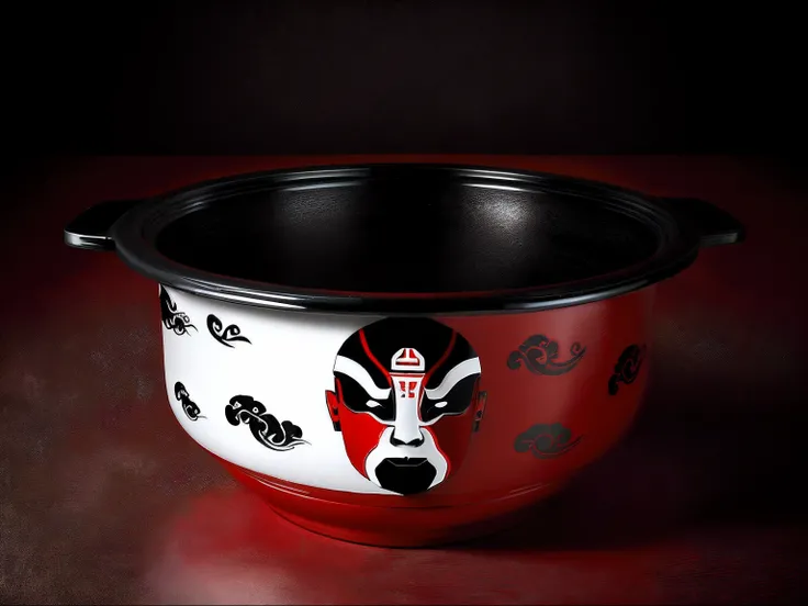 There is a red pot，it has a red and black paint， There is a face pattern on the side of the pot