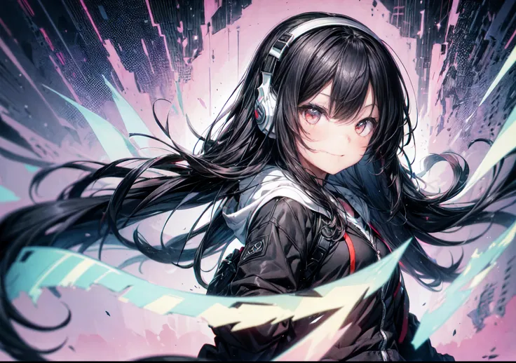 one girl, black hair, long hair, long bangs, one blade on the side, headphones, slit-eyes, tusk, grin, blackoversized cardigan w...