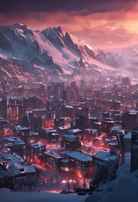 Stretches of snow-capped mountains，A city under a snowy mountain，Now the city，cyber punk perssonage，panoramic view of a city