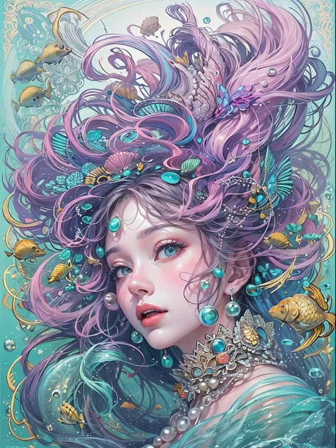 official arts, Unity 8k壁纸, Ultra-detailed, Beautiful and aesthetically pleasing, tmasterpiece, beste-Qualit, (zentangle, a Mandala, clew, meshing), (s fractal art: 1.3), 1mermaid, (purple hairstyle: Long hair) ocean, Extremely detailed, dinamic angle, Cowb...