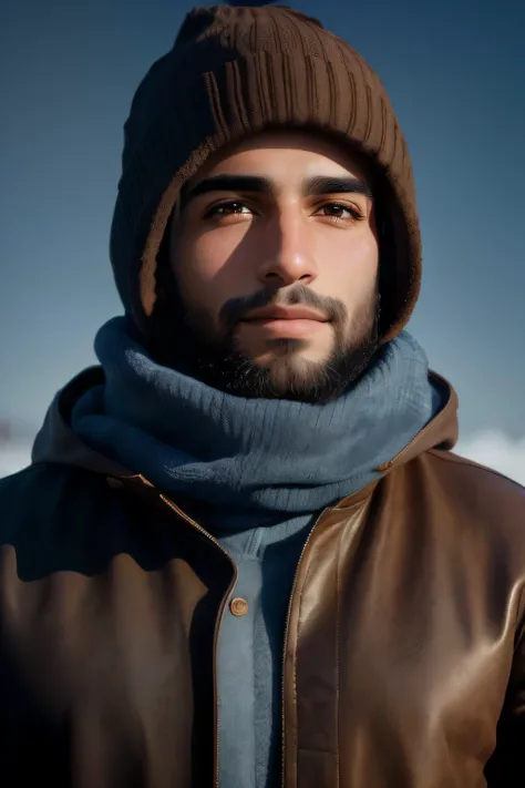 Arafed man wearing a brown jacket and a brown hat, arab man light beard, homem usando um capuz fechado, retrato de alta qualidade, foto retrato suave 8 k, close - foto retrato acima, foto de retrato detalhada, Close Up foto retrato, Retrato tirado 8 K, usa...