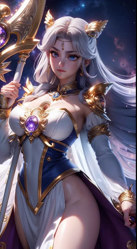 eternal sailor moon, Goddess, Awakened God-like power, Confident expression, Beautiful detailed eyes, intricate clothes, ((Engraved silver seams)), Wielding a golden scythe, Exudes a brilliant light, Milky Way on background, Absolutely amazing, tack sharp ...