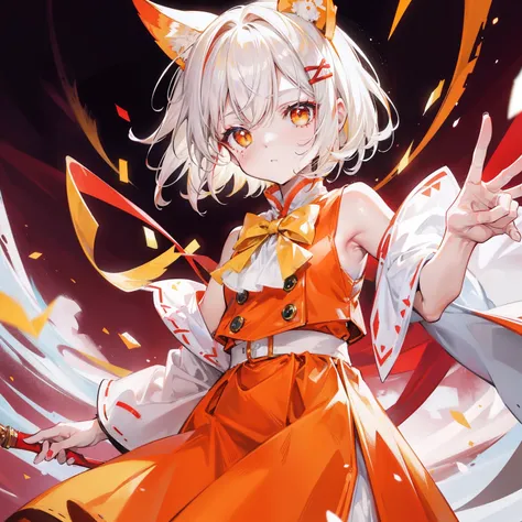 The short white hair has a slight reddish tinge，The head is decorated with a yellow bow，Crimson pupils，Red, orange and yellow clothes，Is a cute loli