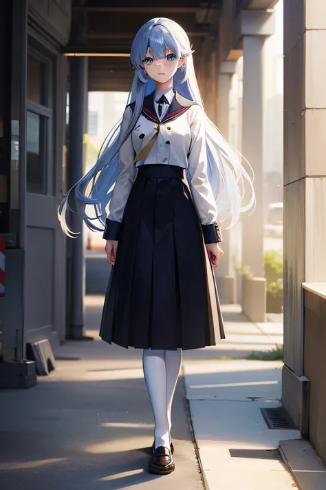 make me a picture of a beautiful woman with shoulder-length hair, blue eyes, sharp nose, school uniform, wearing a skirt, full body