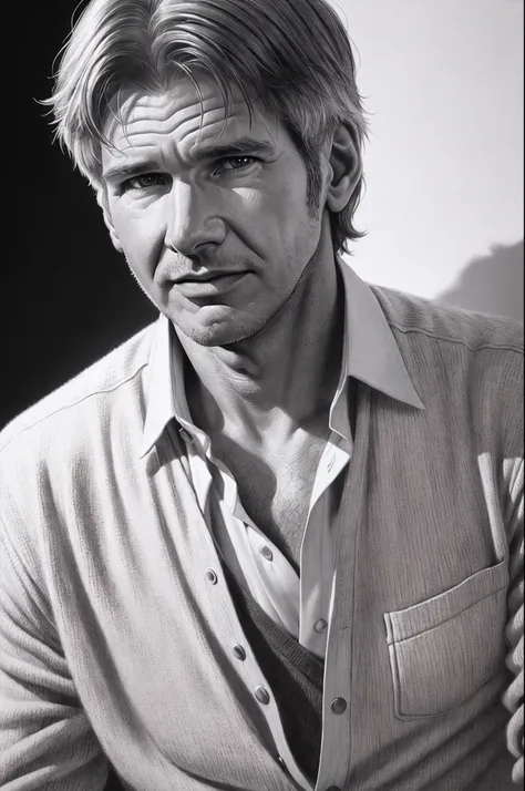 A younger handsome Harrison Ford, close-up shot, pencil_(drawing) crosshatching, detailed sketch, soft light and shadow, monochrome, white background, detailed hand drawing, b&w illustration, rule of thirds,  in the style of Dave Malan, lithography