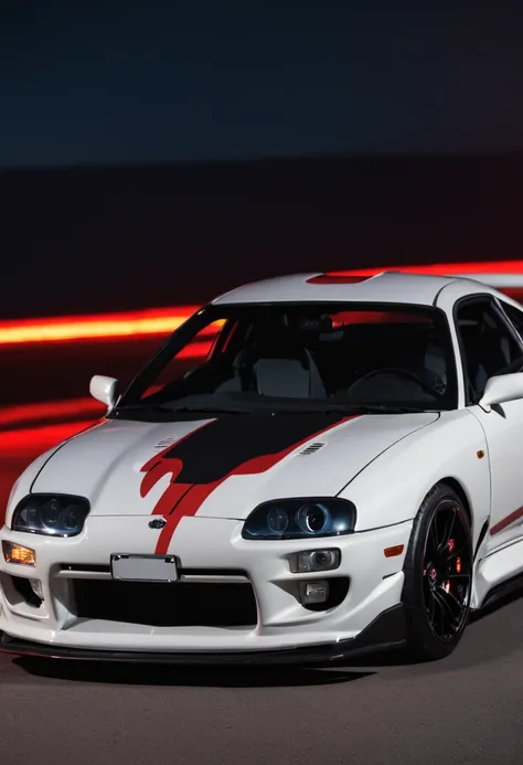 arafed white toyota supra mk4 with a red light on the hood, in the night, neon background, hd wallpaper, desktop background, amazing wallpaper, toyota supra, wallpaper mobile, high quality wallpaper, high-quality wallpaper, sports car, desktop wallpaper, s...