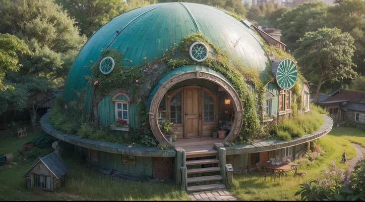 A dreamy house in the middle of a fresh green meadow、blue open sky、middle of SPACE、planetes、There are rooftop greening and green roof houses, Near the future、fantasy house, realistic fantasy render, Fantasy architecture, in the art style of Filip Hodas, Ro...