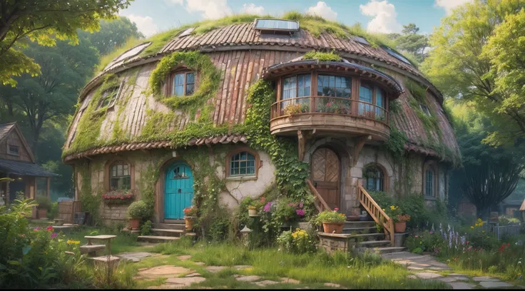 A dreamy house in the middle of a fresh green meadow、blue open sky、middle of SPACE、planetes、There are rooftop greening and green roof houses, Near the future、fantasy house, realistic fantasy render, Fantasy architecture, in the art style of Filip Hodas, Ro...