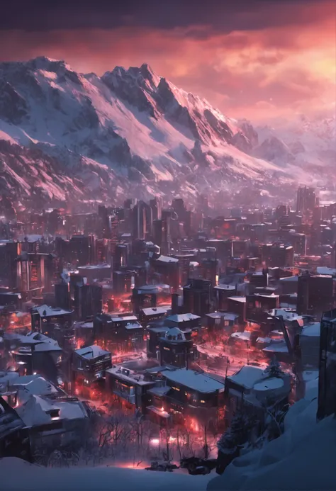 Stretches of snow-capped mountains，A city under a snowy mountain，Now the city，cyber punk perssonage，panoramic view of a city