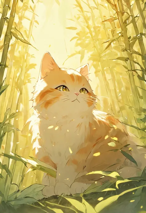 A cute furry cat playing with bees in a sunny bamboo glade, Warm light filters through the leaves. Detailed hair texture, Calm natural climate, gentle illumination. Traditional watercolor style. --AR 4:5 --s 400 --niji 5