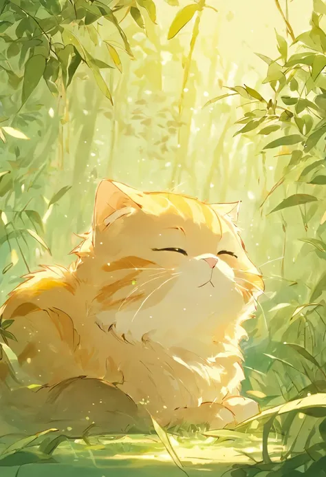 A cute furry cat playing with bees in a sunny bamboo glade, Warm light filters through the leaves. Detailed hair texture, Calm natural climate, gentle illumination. Traditional watercolor style. --AR 4:5 --s 400 --niji 5