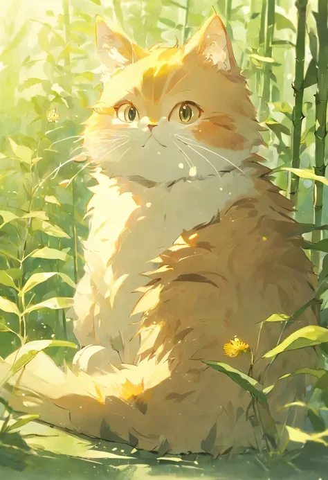 A cute furry cat playing with bees in a sunny bamboo glade, Warm light filters through the leaves. Detailed hair texture, Calm natural climate, gentle illumination. Traditional watercolor style. --AR 4:5 --s 400 --niji 5