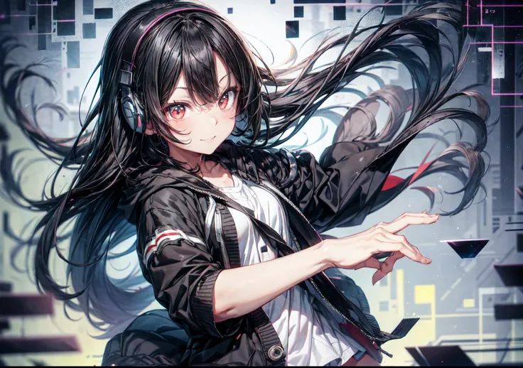 one girl, black hair, long hair, long bangs, one blade on the side, headphones, slit-eyes, tusk, grin, blackoversized cardigan w...