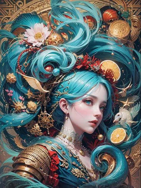 official arts, Unity 8k壁纸, Ultra-detailed, Beautiful and aesthetically pleasing, tmasterpiece, beste-Qualit, (zentangle, a Mandala, clew, meshing), (s fractal art: 1.3), 1mermaid, (red hairstyle: Long hair) ocean, Extremely detailed, dinamic angle, Cowboy ...