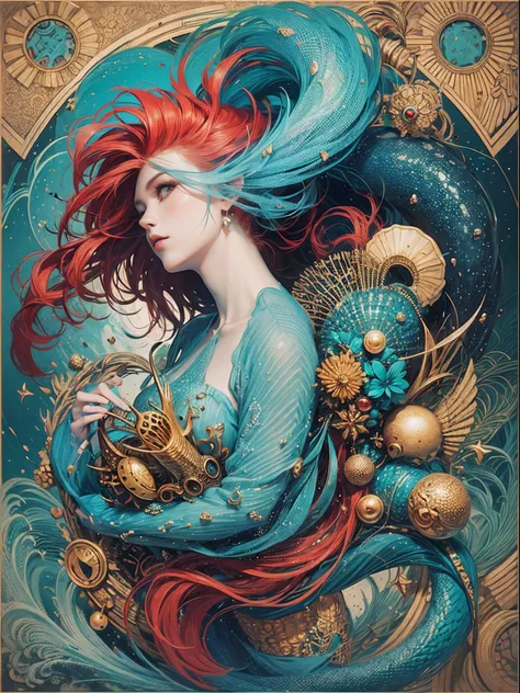 official arts, Unity 8k壁纸, Ultra-detailed, Beautiful and aesthetically pleasing, tmasterpiece, beste-Qualit, (zentangle, a Mandala, clew, meshing), (s fractal art: 1.3), 1mermaid, (red hairstyle: Long hair) ocean, Extremely detailed, dinamic angle, Cowboy ...