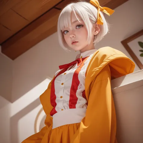 The short white hair has a slight reddish tinge，The head is decorated with a yellow bow，Crimson pupils，Red, orange and yellow clothes，Is a cute loli