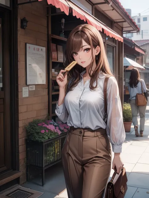 Best Quality, masutepiece, beautiful mature women、Beautiful face、Strong-minded woman、Office Suits、Brown pants、brown haired、Brown-eyed、Longhaire、Undersized eyes、Full body like、Before Seven-Eleven、outside of house、Eating popsicles