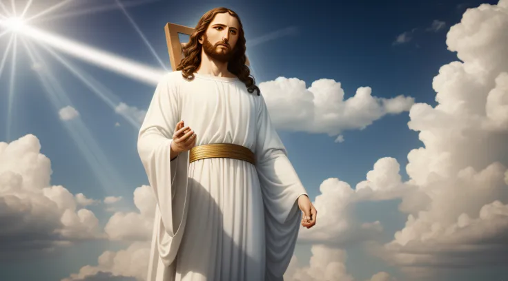 Jesus Christ in humble white clothes in the clouds toward the gates of heaven, insanely realistic with rays of light on his face