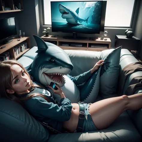 A shark sitting on a couch in a living room in front of the television playing video games with the controller in hand