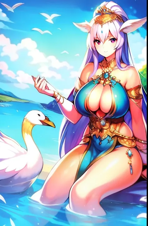 Fantasy art,  full bodyesbian ,8K resolution, Extremely beautiful,  Goddess , swans, sword, full bodyesbian, Swan princess Indian beauty