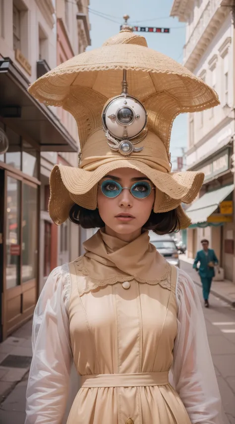 8k portrait of a 1960s science fiction film by Wes Anderson, em 1960, pastels colors, There are people wearing weird futuristic masks and wearing extravagant retro fashion outfits and men and women wearing alien makeup and old ornaments with mechanical pet...