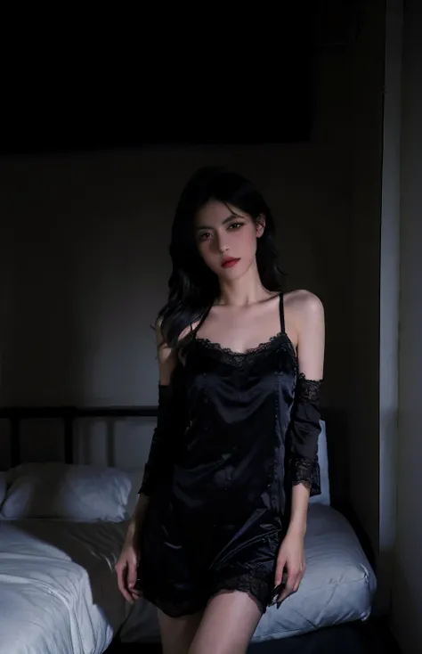 Best quality, masterpiece, ultra high res, (photorealistic:1.4), raw photo, 1girl, ((black lace nightgown)), ((small breast)), cold light