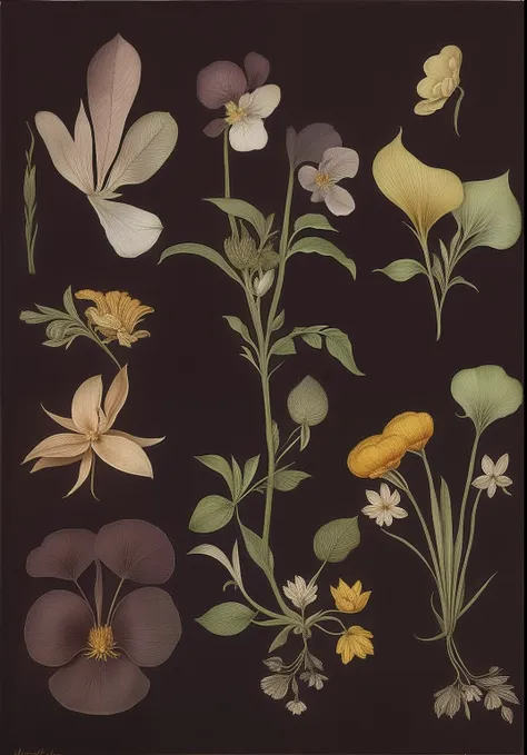 close up of a bouquet of flowers on black background, author：maria sibylla merian, mary delani, flora print, author：master of em...